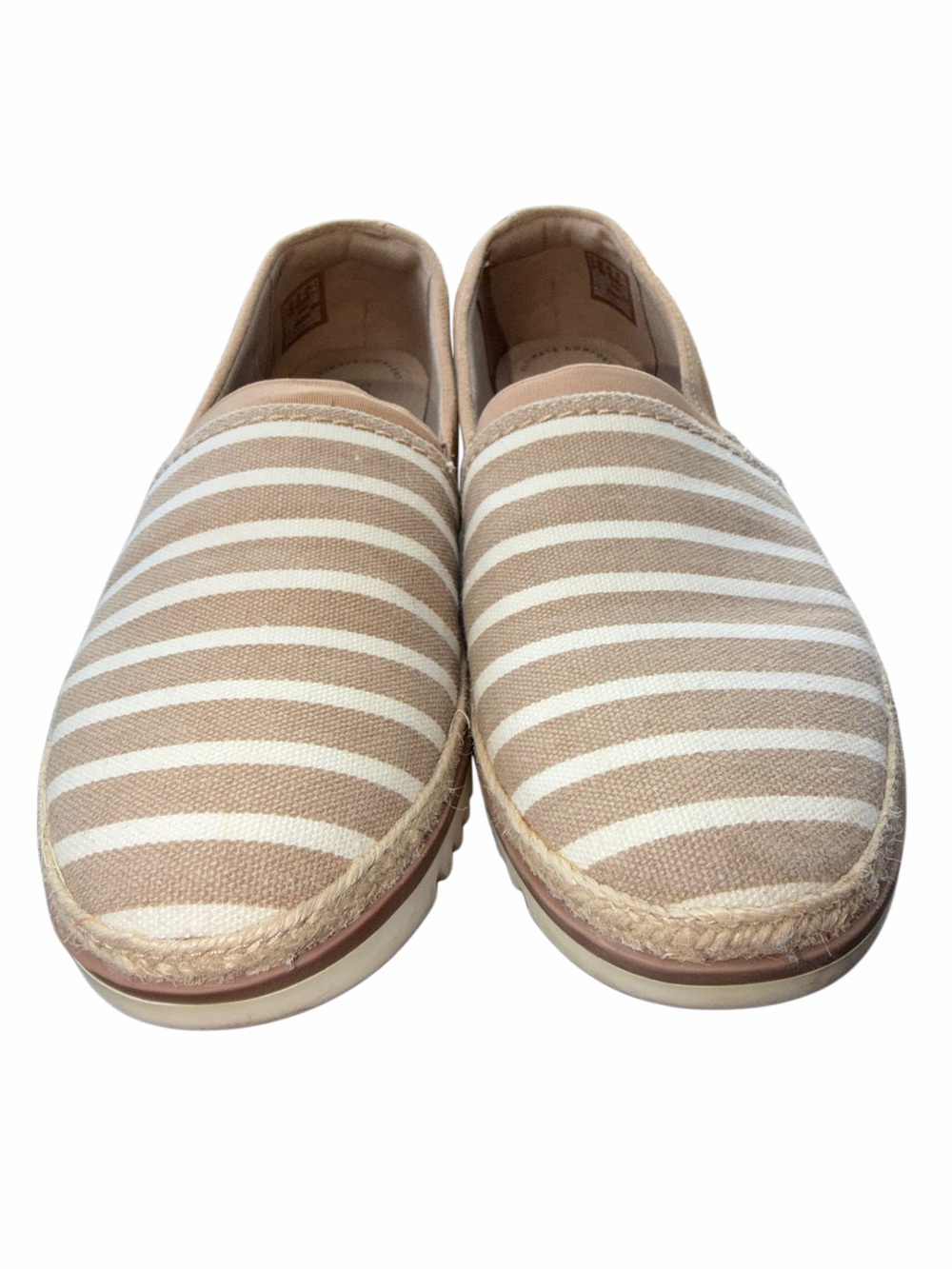 Clarks Beige and White Striped Canvas Slip-On loafers.